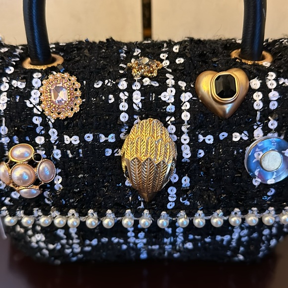 NWTGS Kurt Geiger black and white plaid bejeweled fabric handle mini Kensington! - Picture 7 of 9